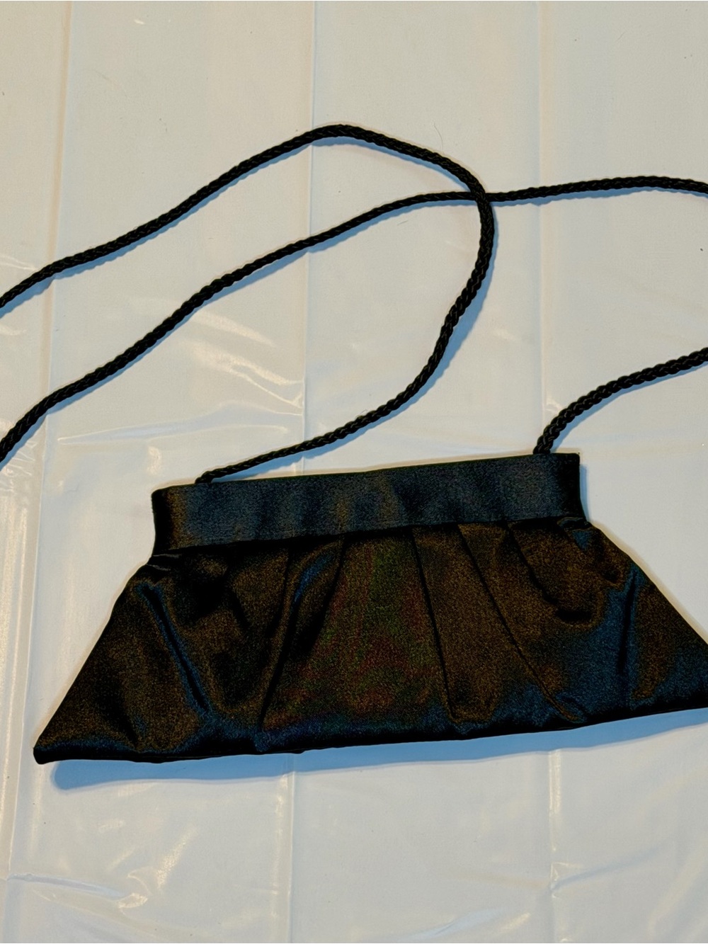 Black Satin Pleated Clutch Bag with Braided Strap